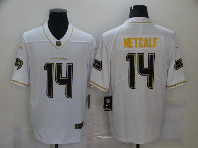 Men Seattle Seahawks #14 Metcalf White Retro Gold Lettering 2020 Nike NFL Jersey->seattle seahawks->NFL Jersey